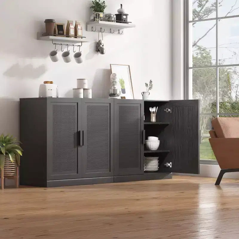 31x62x16 Credenza in Legno Venato Nera, Mobile Contenitore con Ripiani Regolabili e Ante in Rattan per Sala da Pranzo