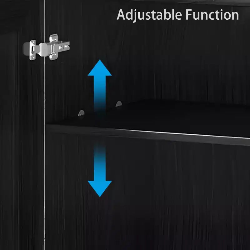 31x62x16 Credenza in Legno Venato Nera, Mobile Contenitore con Ripiani Regolabili e Ante in Rattan per Sala da Pranzo