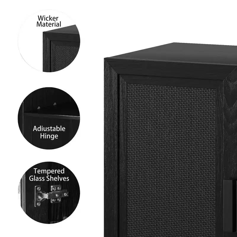31x62x16 Credenza in Legno Venato Nera, Mobile Contenitore con Ripiani Regolabili e Ante in Rattan per Sala da Pranzo