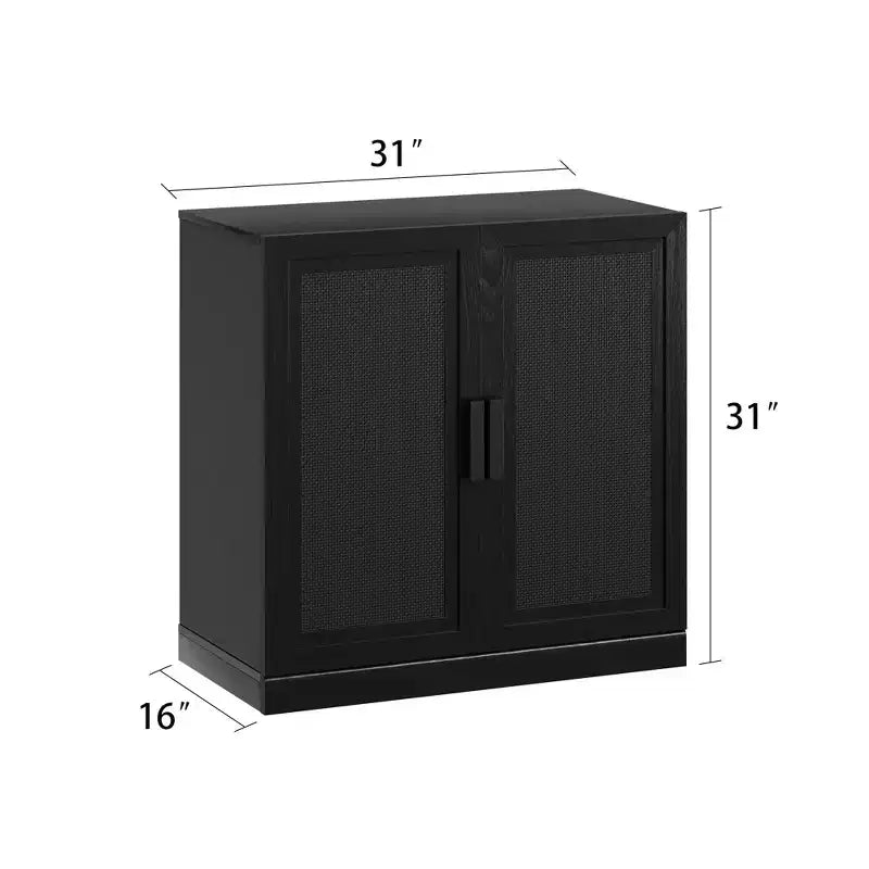 31x62x16 Credenza in Legno Venato Nera, Mobile Contenitore con Ripiani Regolabili e Ante in Rattan per Sala da Pranzo