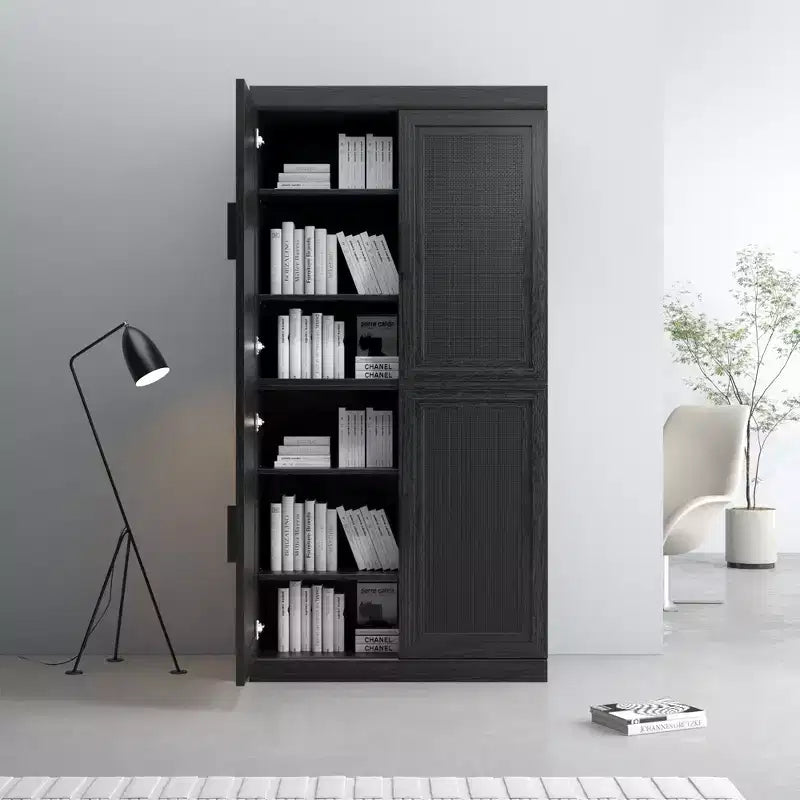 31x62x16 Credenza in Legno Venato Nera, Mobile Contenitore con Ripiani Regolabili e Ante in Rattan per Sala da Pranzo