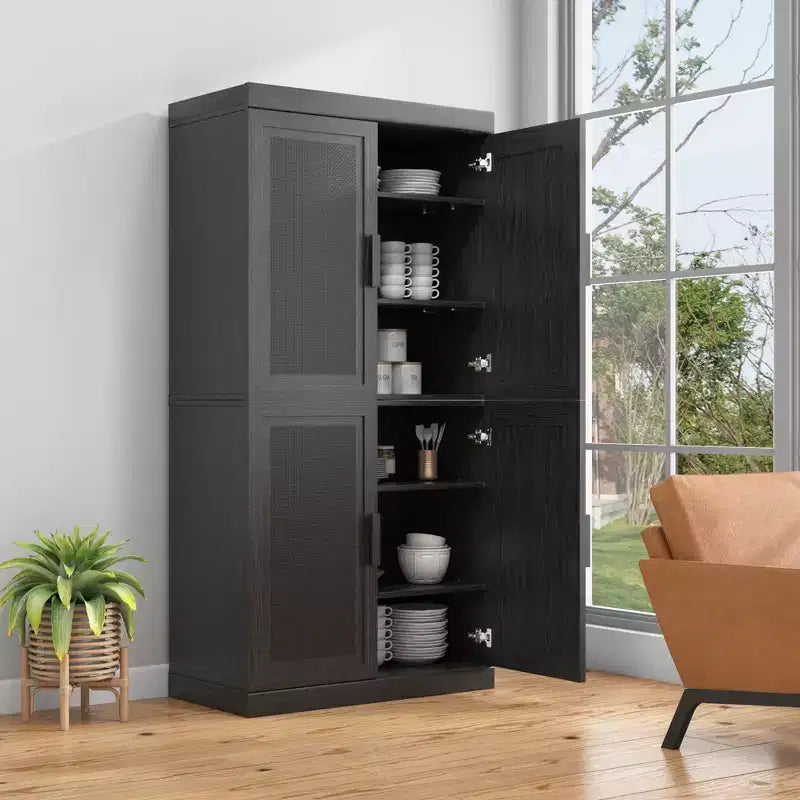 31x62x16 Credenza in Legno Venato Nera, Mobile Contenitore con Ripiani Regolabili e Ante in Rattan per Sala da Pranzo