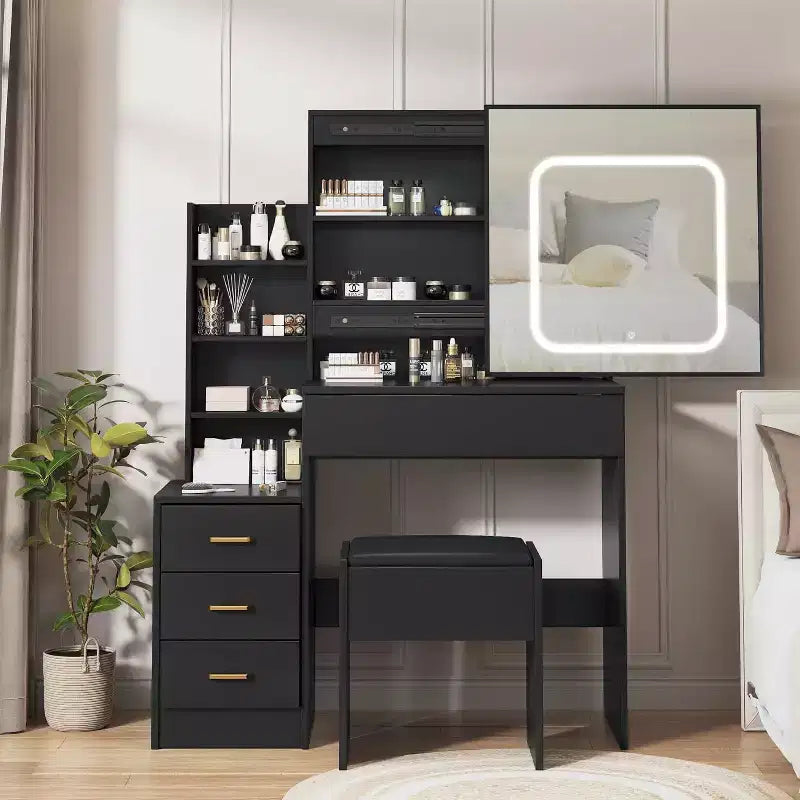 Vanity Desk with Lights, Makeup Vanity Desk with Sliding Lighted Mirror, Dressing Table with Drawers