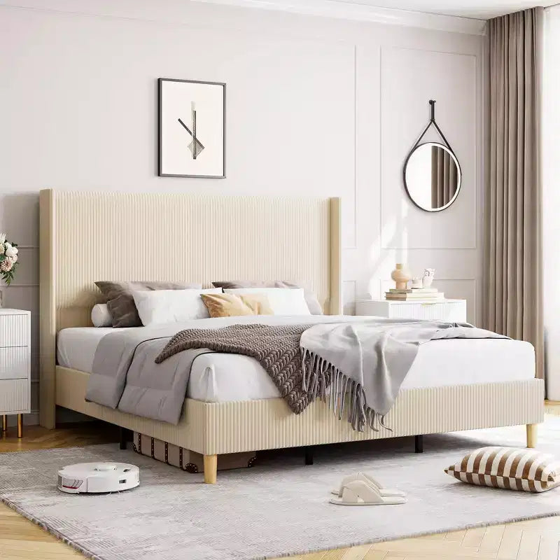 Letto in velluto a coste di dimensioni standard, con testiera a strisce verticali alta 51 pollici, non richiede box spring/doghe in legno/beige