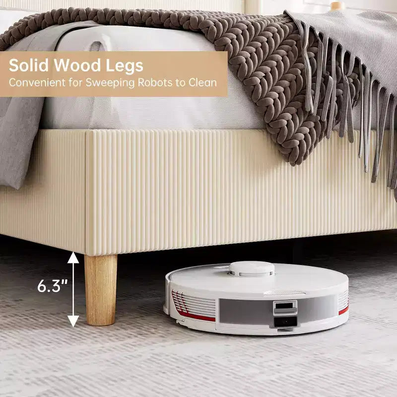 Letto in velluto a coste di dimensioni standard, con testiera a strisce verticali alta 51 pollici, non richiede box spring/doghe in legno/beige
