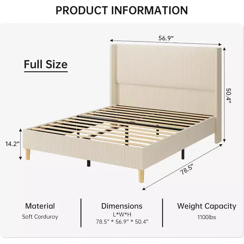Letto in velluto a coste di dimensioni standard, con testiera a strisce verticali alta 51 pollici, non richiede box spring/doghe in legno/beige