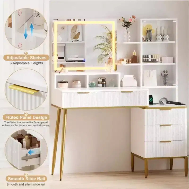 Comò da camera da letto con luce e presa di corrente, Scaffale in legno con 5 cassetti, Perfetto per camera da letto o spogliatoio