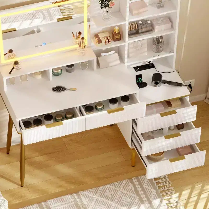 Comò da camera da letto con luce e presa di corrente, Scaffale in legno con 5 cassetti, Perfetto per camera da letto o spogliatoio