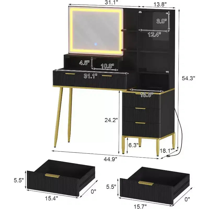 Comò da camera da letto con luce e presa di corrente, Scaffale in legno con 5 cassetti, Perfetto per camera da letto o spogliatoio