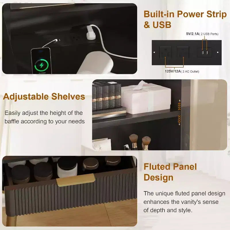 Comò da camera da letto con luce e presa di corrente, Scaffale in legno con 5 cassetti, Perfetto per camera da letto o spogliatoio