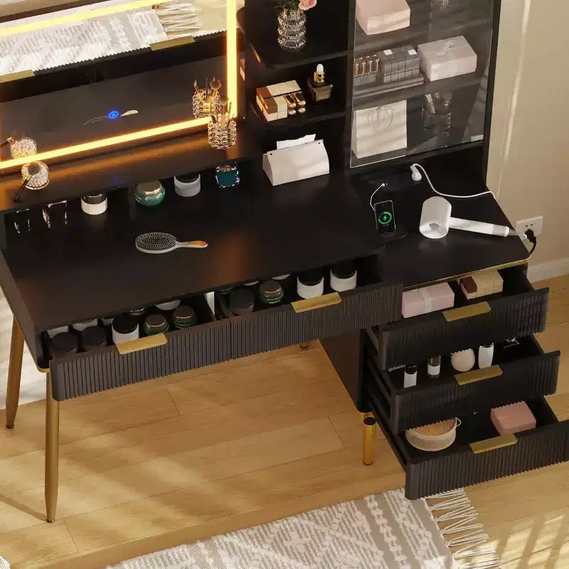 Comò da camera da letto con luce e presa di corrente, Scaffale in legno con 5 cassetti, Perfetto per camera da letto o spogliatoio