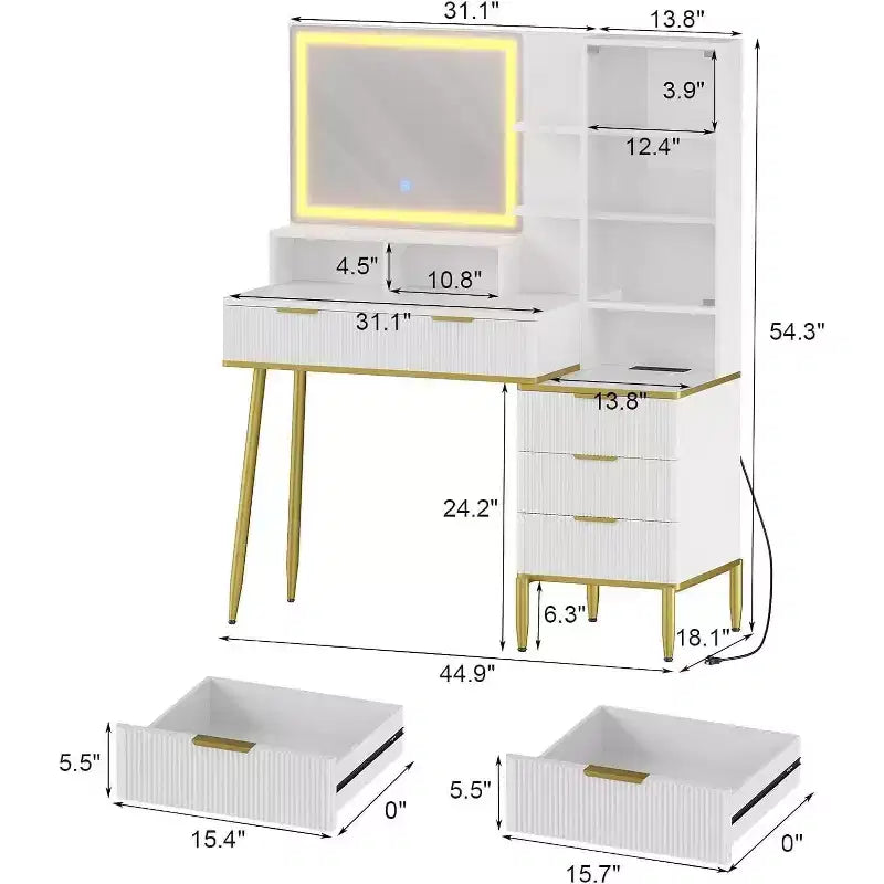 Comò da camera da letto con luce e presa di corrente, Scaffale in legno con 5 cassetti, Perfetto per camera da letto o spogliatoio
