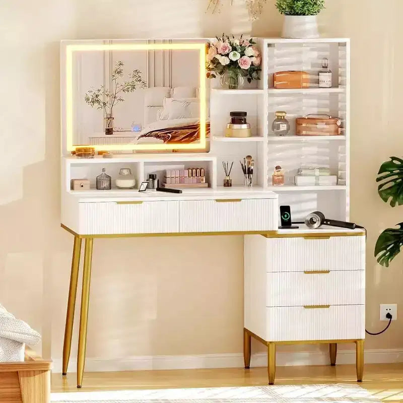 Comò da camera da letto con luce e presa di corrente, Scaffale in legno con 5 cassetti, Perfetto per camera da letto o spogliatoio