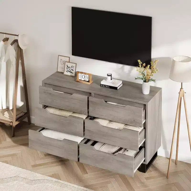 Comò a 6 cassetti per camera da letto, Comò largo 120 cm, Cassettiera verticale indipendente con ripiani, Armadio contenitore in legno per soggiorno, corridoio
