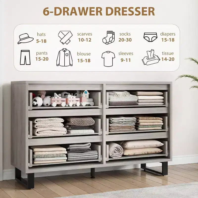 Comò a 6 cassetti per camera da letto, Comò largo 120 cm, Cassettiera verticale indipendente con ripiani, Armadio contenitore in legno per soggiorno, corridoio