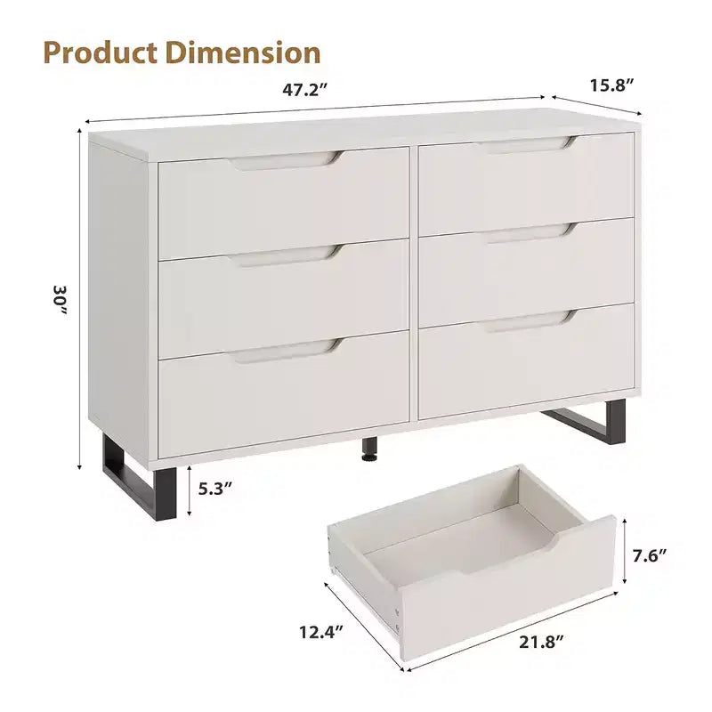 Comò a 6 cassetti per camera da letto, Comò largo 120 cm, Cassettiera verticale indipendente con ripiani, Armadio contenitore in legno per soggiorno, corridoio