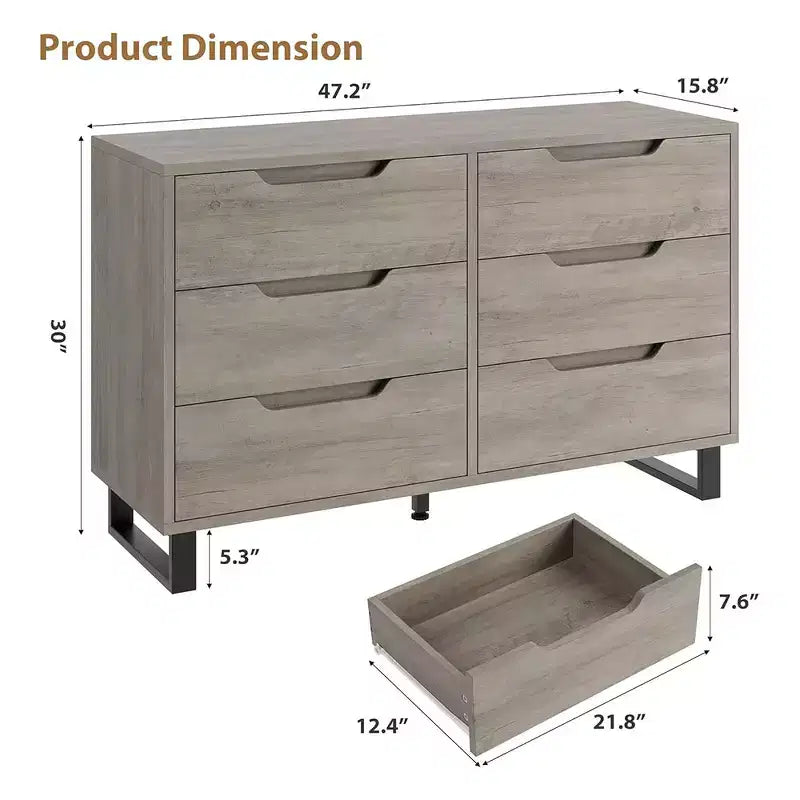 Comò a 6 cassetti per camera da letto, Comò largo 120 cm, Cassettiera verticale indipendente con ripiani, Armadio contenitore in legno per soggiorno, corridoio