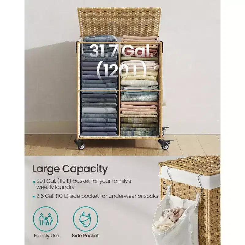 Cesta portabiancheria mobile con ruote, cesto in rattan sintetico a 2 scomparti con rivestimento rimovibile