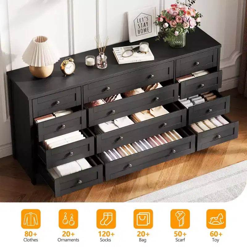 Cassettiera a 12 cassetti per camera da letto, Comò moderno in legno con piano ampio per TV da 65 pollici, Mobile contenitore in stile rustico per soggiorno e corridoio