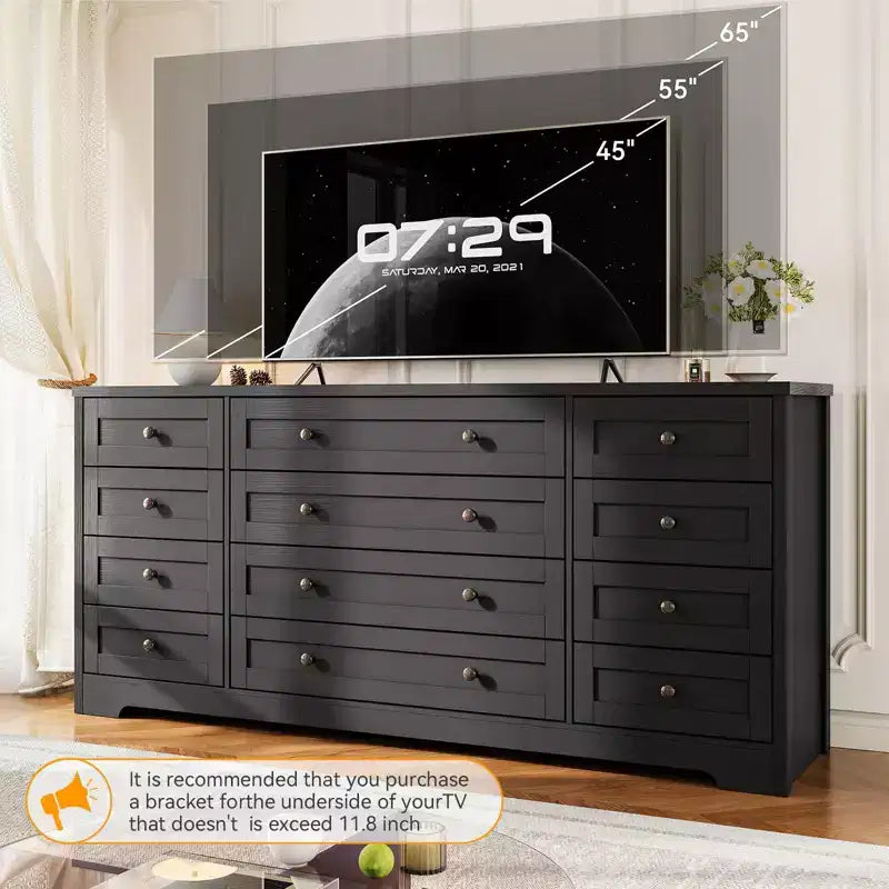 Cassettiera a 12 cassetti per camera da letto, Comò moderno in legno con piano ampio per TV da 65 pollici, Mobile contenitore in stile rustico per soggiorno e corridoio