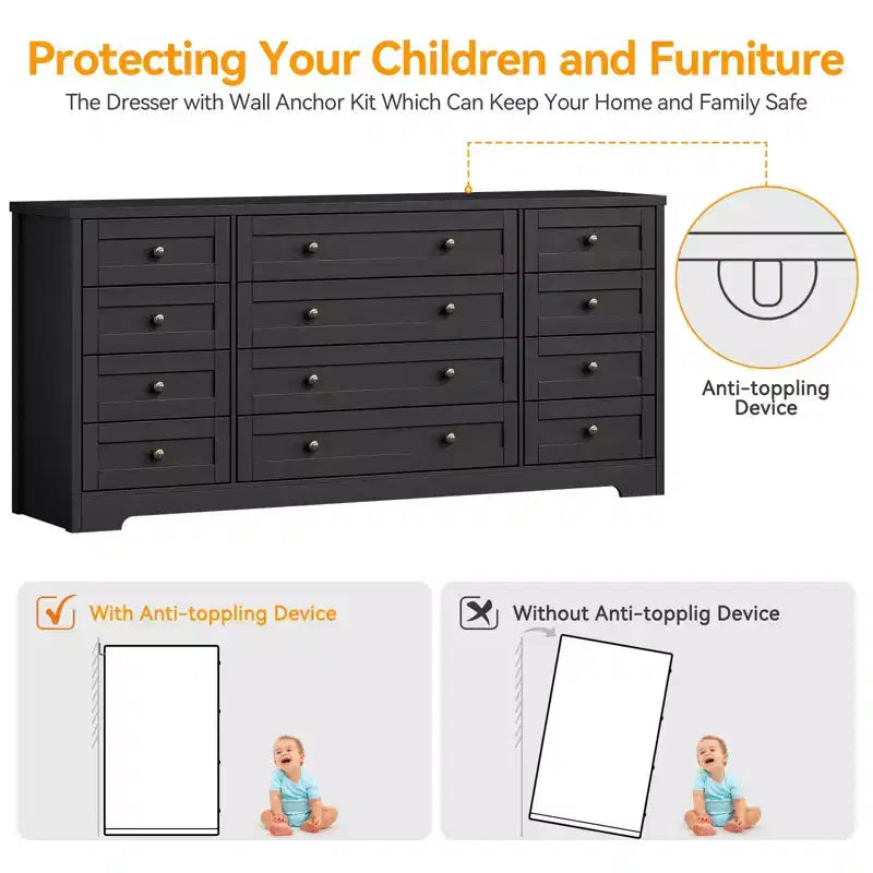 Cassettiera a 12 cassetti per camera da letto, Comò moderno in legno con piano ampio per TV da 65 pollici, Mobile contenitore in stile rustico per soggiorno e corridoio