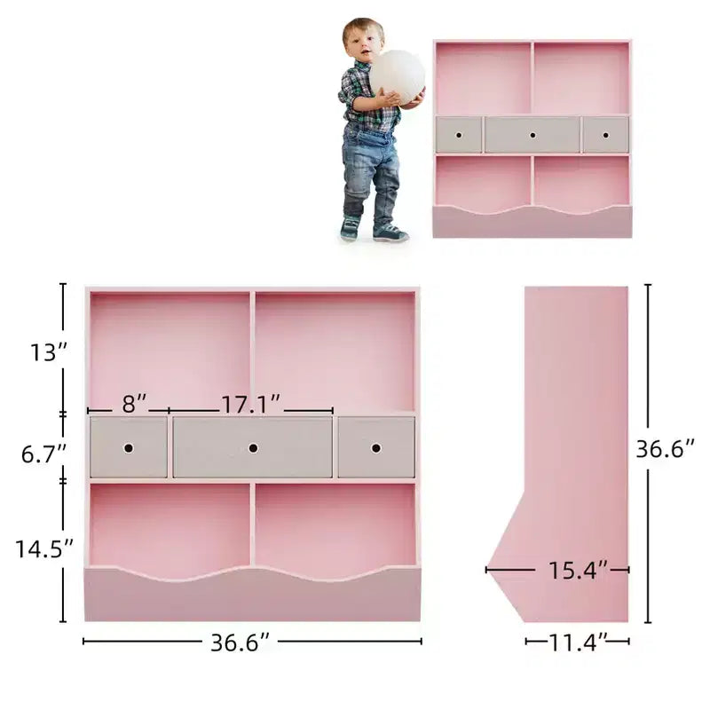 Libreria per Bambini con Contenitore per Giocattoli - Scaffale in Legno a 4 Scomparti con 3 Cassetti e Contenitori Inclinati per Giocattoli per Asilo Nido, Sala Giochi (Rosa)