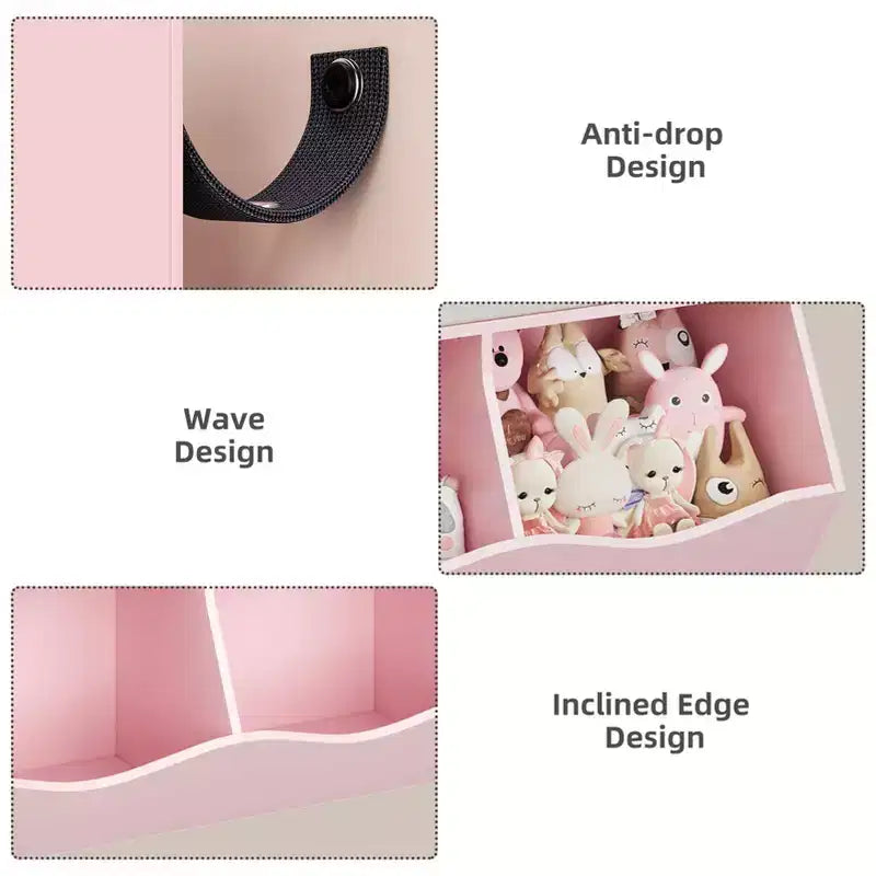Libreria per Bambini con Contenitore per Giocattoli - Scaffale in Legno a 4 Scomparti con 3 Cassetti e Contenitori Inclinati per Giocattoli per Asilo Nido, Sala Giochi (Rosa)