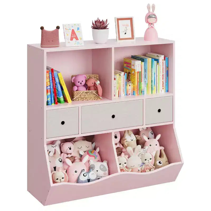 Libreria per Bambini con Contenitore per Giocattoli - Scaffale in Legno a 4 Scomparti con 3 Cassetti e Contenitori Inclinati per Giocattoli per Asilo Nido, Sala Giochi (Rosa)