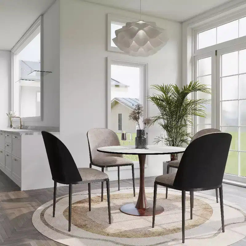Tavolo da pranzo rotondo Bristol 40 con piano in pietra sinterizzata e base a piedistallo in acciaio noce per cucine e sale da pranzo moderne