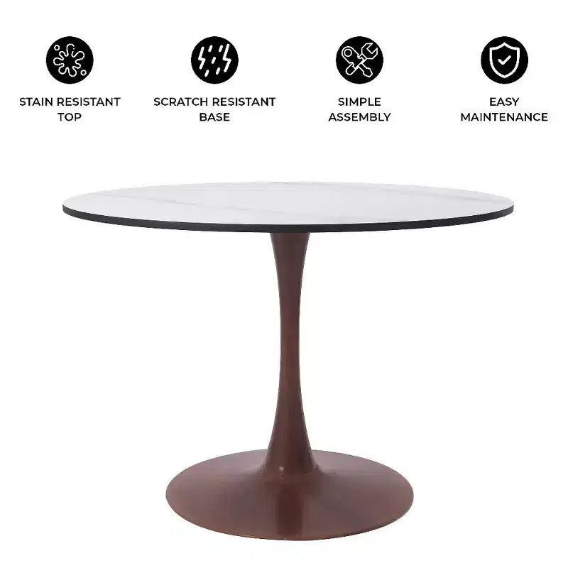 Tavolo da pranzo rotondo Bristol 40 con piano in pietra sinterizzata e base a piedistallo in acciaio noce per cucine e sale da pranzo moderne
