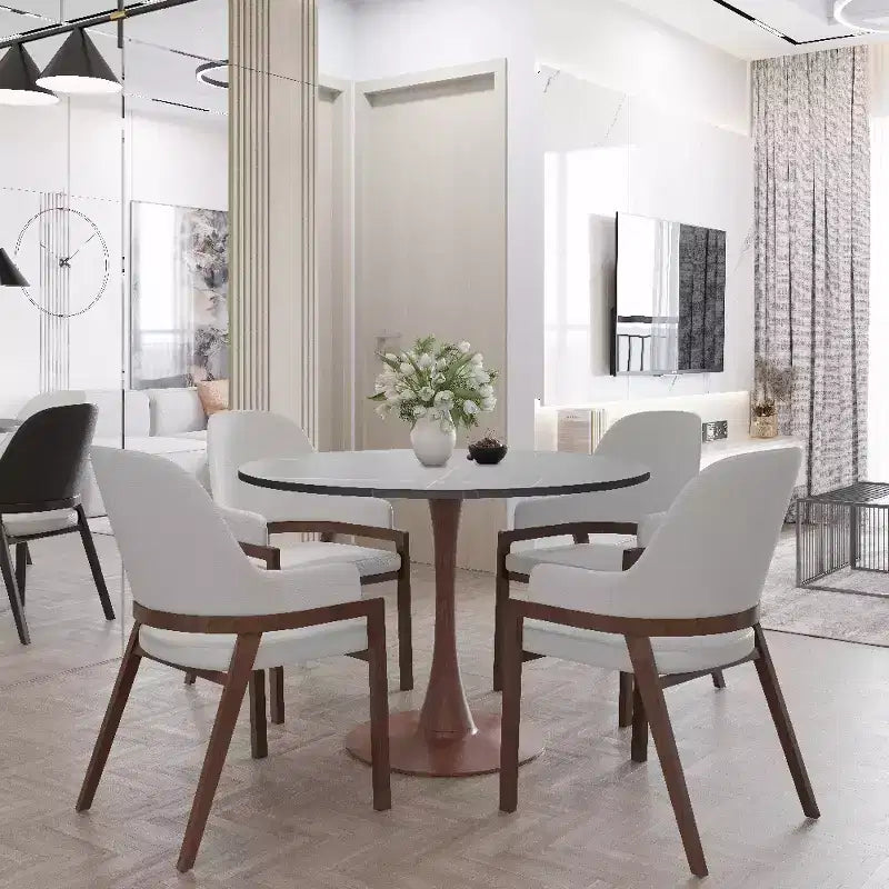 Tavolo da pranzo rotondo Bristol 40 con piano in pietra sinterizzata e base a piedistallo in acciaio noce per cucine e sale da pranzo moderne