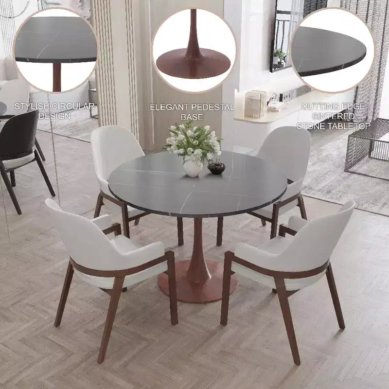 Tavolo da pranzo rotondo Bristol 40 con piano in pietra sinterizzata e base a piedistallo in acciaio noce per cucine e sale da pranzo moderne
