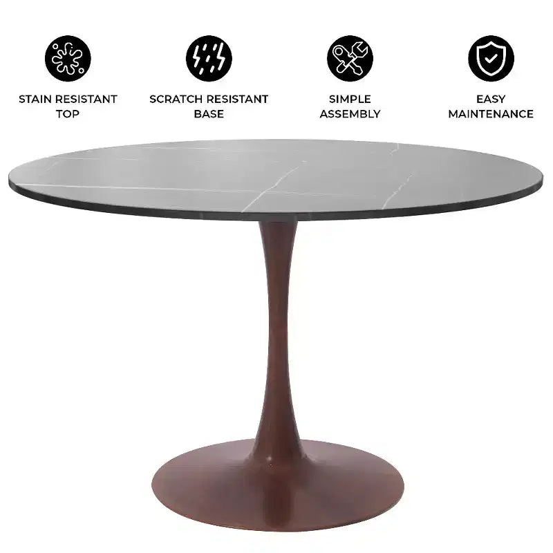 Tavolo da pranzo rotondo Bristol 40 con piano in pietra sinterizzata e base a piedistallo in acciaio noce per cucine e sale da pranzo moderne