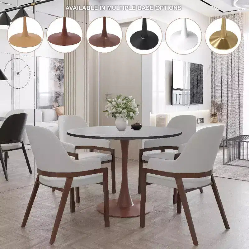 Tavolo da pranzo rotondo Bristol 40 con piano in pietra sinterizzata e base a piedistallo in acciaio noce per cucine e sale da pranzo moderne