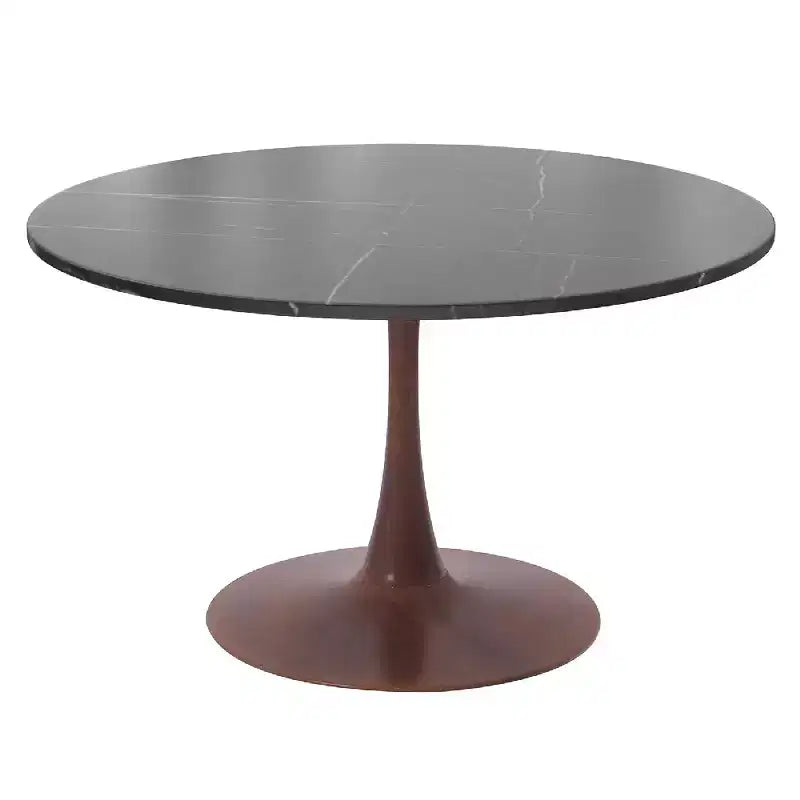 LeisureMod Bristol 40 Round Dining Table with Sintered Stone Top and Walnut Steel Pedestal Base for Modern Kitchen and Dining Room