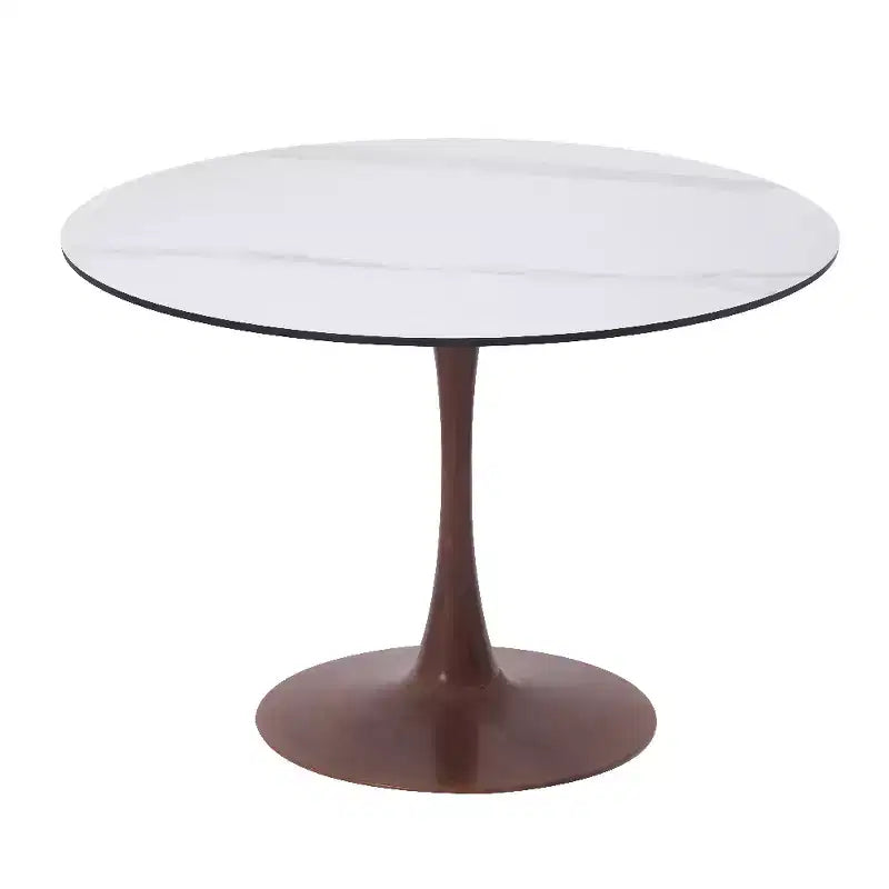 Tavolo da pranzo rotondo Bristol 40 con piano in pietra sinterizzata e base a piedistallo in acciaio noce per cucine e sale da pranzo moderne