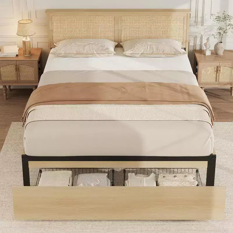 Struttura Letto Boho in Rattan Naturale con Testiera in Legno, 2 Cassetti Contenitori, Luci LED RGB, Robusta Piattaforma con Doghe, Nessuna Molla Richiesta