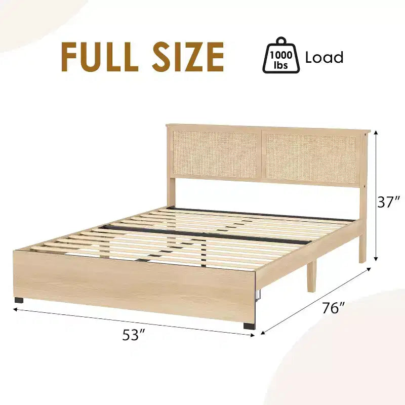 Struttura Letto Boho in Rattan Naturale con Testiera in Legno, 2 Cassetti Contenitori, Luci LED RGB, Robusta Piattaforma con Doghe, Nessuna Molla Richiesta