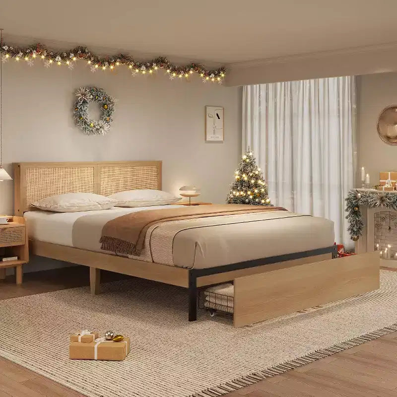Struttura Letto Boho in Rattan Naturale con Testiera in Legno, 2 Cassetti Contenitori, Luci LED RGB, Robusta Piattaforma con Doghe, Nessuna Molla Richiesta