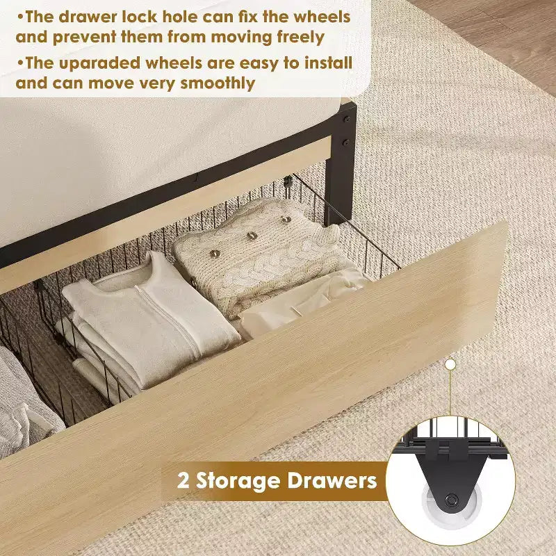 Struttura Letto Boho in Rattan Naturale con Testiera in Legno, 2 Cassetti Contenitori, Luci LED RGB, Robusta Piattaforma con Doghe, Nessuna Molla Richiesta