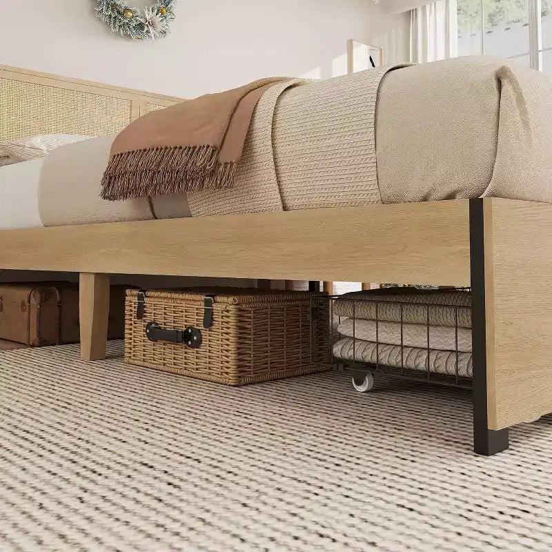 Struttura Letto Boho in Rattan Naturale con Testiera in Legno, 2 Cassetti Contenitori, Luci LED RGB, Robusta Piattaforma con Doghe, Nessuna Molla Richiesta