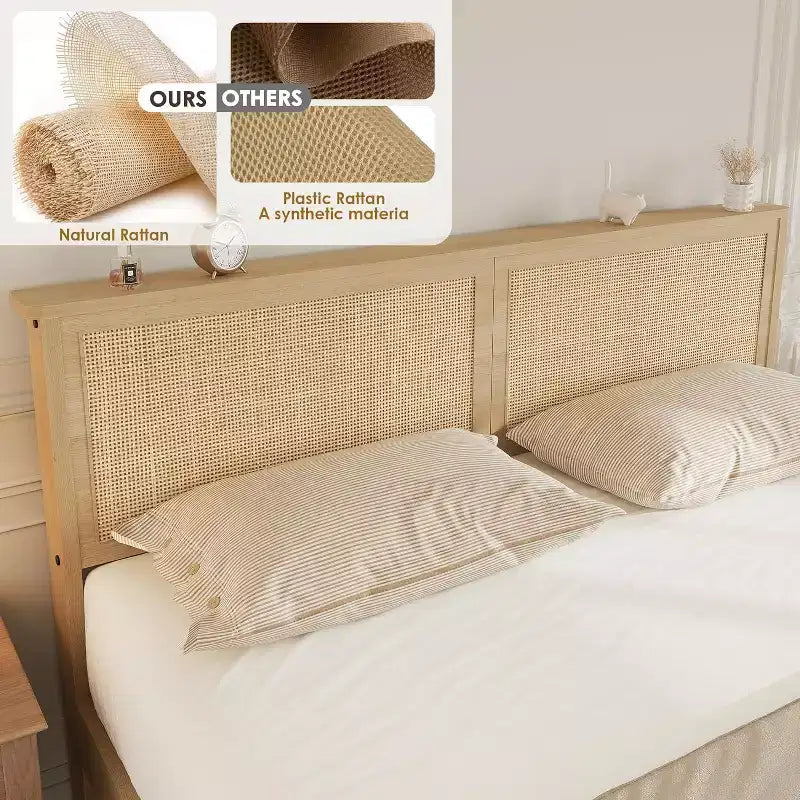 Struttura Letto Boho in Rattan Naturale con Testiera in Legno, 2 Cassetti Contenitori, Luci LED RGB, Robusta Piattaforma con Doghe, Nessuna Molla Richiesta