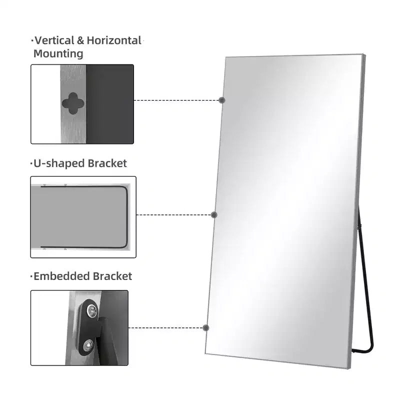 Specchio da parete a figura intera rettangolare con cornice in metallo da 31 pollici L x 71 pollici A, specchio autoportante in argento
