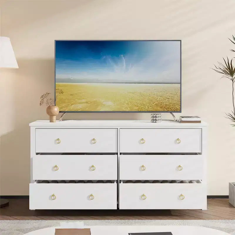 Cassettiera a 3 cassetti per camera da letto, Comò in legno con maniglie dorate, Mobile TV console multimediale, Cassettiera armadio autoportante per soggiorno