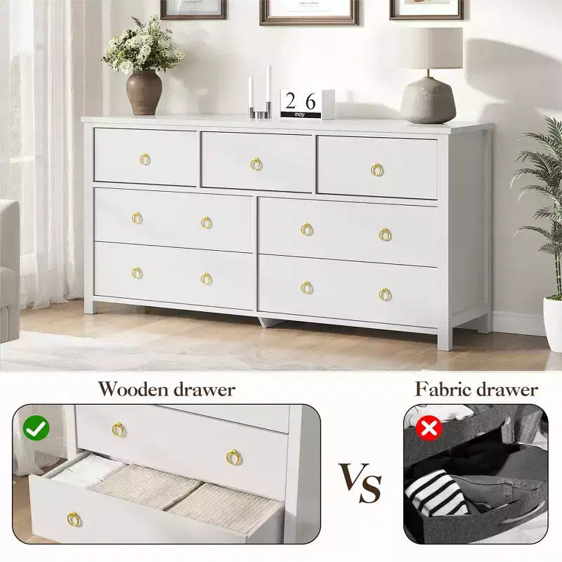 Cassettiera a 3 cassetti per camera da letto, Comò in legno con maniglie dorate, Mobile TV console multimediale, Cassettiera armadio autoportante per soggiorno