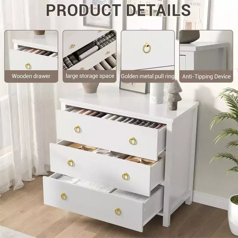 Cassettiera a 3 cassetti per camera da letto, Comò in legno con maniglie dorate, Mobile TV console multimediale, Cassettiera armadio autoportante per soggiorno