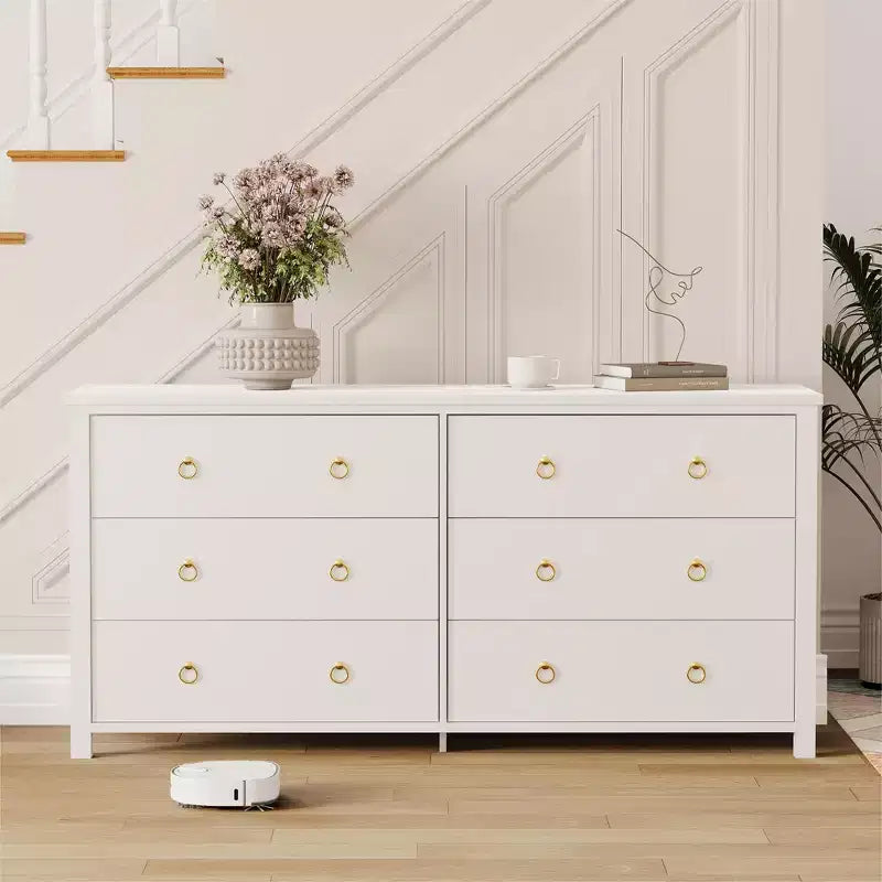 Cassettiera a 3 cassetti per camera da letto, Comò in legno con maniglie dorate, Mobile TV console multimediale, Cassettiera armadio autoportante per soggiorno