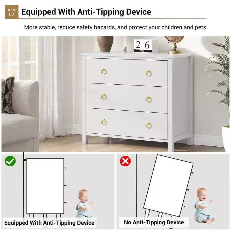 Cassettiera a 3 cassetti per camera da letto, Comò in legno con maniglie dorate, Mobile TV console multimediale, Cassettiera armadio autoportante per soggiorno