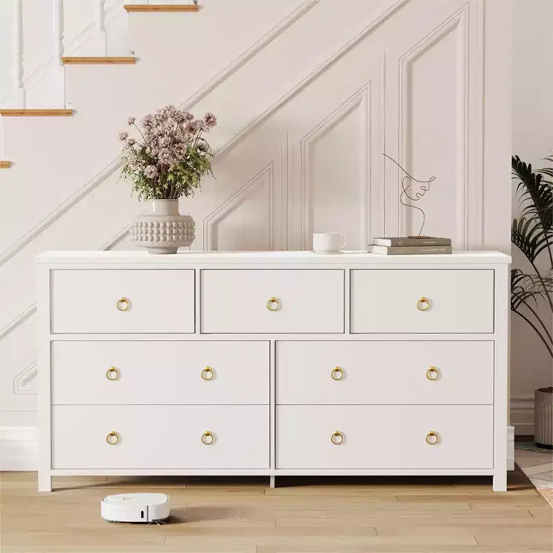 Cassettiera a 3 cassetti per camera da letto, Comò in legno con maniglie dorate, Mobile TV console multimediale, Cassettiera armadio autoportante per soggiorno