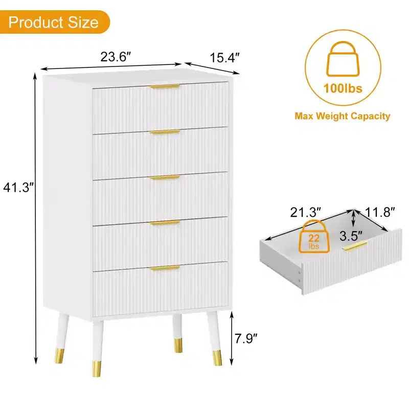 Comò moderno a 5 cassetti per camera da letto, cassettiera a 5 cassetti in legno scanalato larga 57 cm